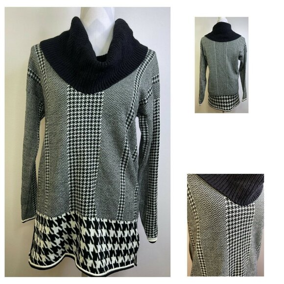 Carmen Marc Valvo Black White Houndstooth Print Sweater Size Small Cowl Neck - Picture 1 of 5